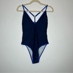 NWT Cupshe Navy One Piece Swimsuit Low Front High Hip Cage Back Size Medium
